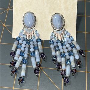 Elegant vintage Light  Blue Beaded Earrings handmade long